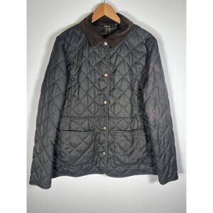 Barbour green herringbone tartan quilted corduroy collar barn coat 14 preppy